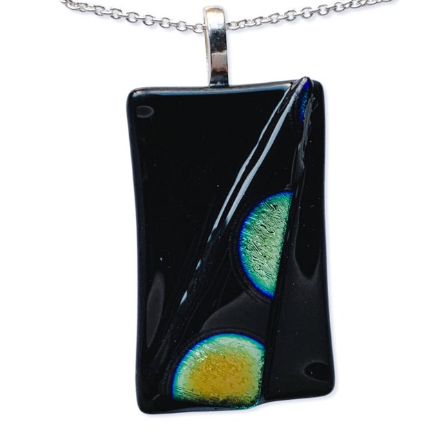 Gold, Purple and Green Dichroic Glass on Black Rectangle-Shaped Fused Glass  Pendant — Fabulous Intentions Glass