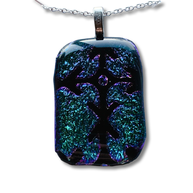 Gold, Purple and Green Dichroic Glass on Black Rectangle-Shaped Fused Glass  Pendant — Fabulous Intentions Glass